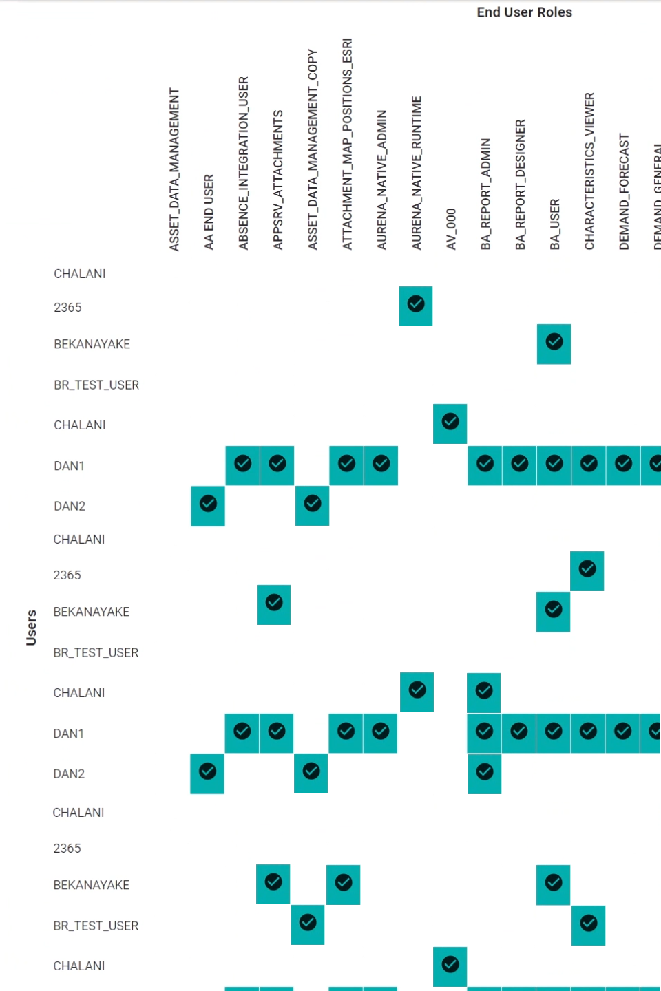 Users to End User Roles matrix